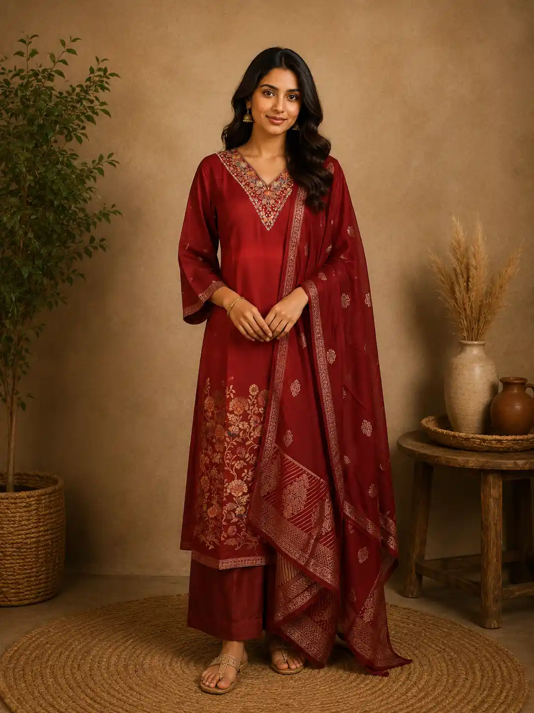 Maroon Floral Embroidered Silk Salwar Suit with Dupatta